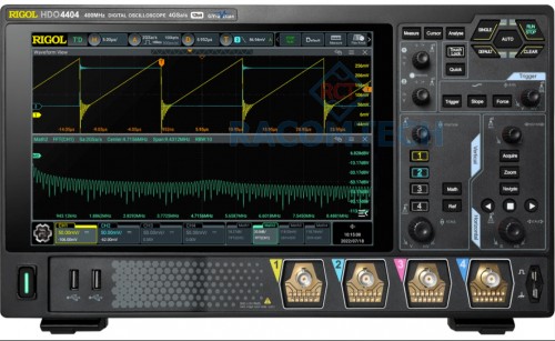 Rigol  DHO4404  400MHz 4 GSa/s  12 Bit  250MPTS 4 channel oscilloscope with 400 MHz Bandwidth, 4 GSa/s sample rate, 12 Bit A/D converter, 250 Mpts memory depth (500 Mpts optional) and a 25.7 cm touchdisplay 1280x800 pixel. Serial decoders for I²C, SPI, RS232/UART and CAN are already included
