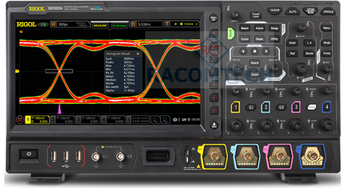 Rigol  MSO8064  600MHz, 10Gs/S, 4-Channels, 16CH LOGIC Mixed Signal Oscilloscope High quality 4 channel oscilloscope with 600 MHz Bandwidth, 10 GSa/s sample rate, 500 Mpts memory depth and a 25.7 cm touchdisplay 1024x600 pixel. Upgradable to a MSO with a 16 channel logic analyzer, 2 channel waveform generator.

