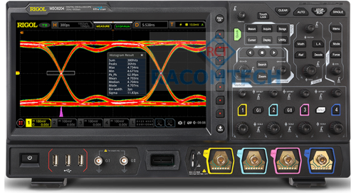 Rigol  MSO8104  1GHz, 10Gs/S, 4-Channels, 16CH LOGIC Mixed Signal Oscilloscope High quality 4 channel oscilloscope with 1GHz Bandwidth, 10 GSa/s sample rate, 500 Mpts memory depth and a 25.7 cm touchdisplay 1024x600 pixel. Upgradable to a MSO with a 16 channel logic analyzer, 2 channel waveform generator.
