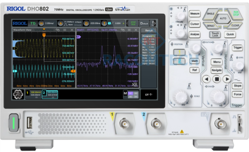 Rigol  DHO802  70MHz, 2CH, 1.25GS/s, 12 BIT Oscilloscope The DHO-800 series is RIGOL's new high-performance 12bit economical digital oscilloscope. Though compact in design, it offers truly superior performance. It features 12bit resolution, a capture rate up to 1,000,000 wfms/s (in UltraAcquire Mode), 25 Mpts memory depth, and low noise.
