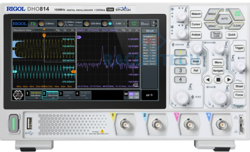 Rigol  DHO814  100MHz, 4CH, 1.25GS/s, 12 BIT Oscilloscope The DHO-800 series is RIGOL's new high-performance 12bit economical digital oscilloscope. Though compact in design, it offers truly superior performance. It features 12bit resolution, a capture rate up to 1,000,000 wfms/s (in UltraAcquire Mode), 25 Mpts memory depth, and low noise.
