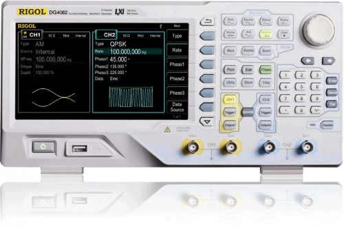 Rigol  DG4062  60MHz, 500Msa/s  2Ch 7&quot; LCD Generators up to 160 MHz (DG4000)
2 output channel
500 MSa/s sample rate
130 built-in waveforms
7-inch color LCD display
14 bit vertical resolution
Standard Interfaces including LXI-C (Ethernet), USB device and USB host