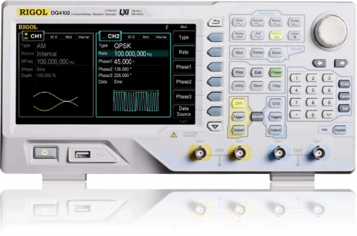 Rigol   DG4102  100MHz, 500Msa/s  2Ch 7&quot; LCD  Generators up to 160 MHz (DG4000)
2 output channel
500 MSa/s sample rate
130 built-in waveforms
7-inch color LCD display
14 bit vertical resolution
Standard Interfaces including LXI-C (Ethernet), USB device and USB host
