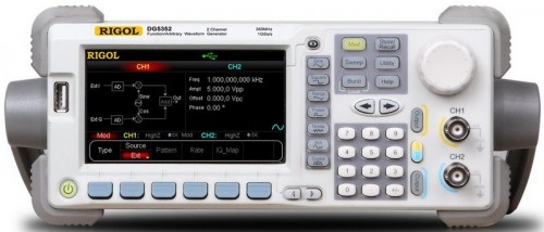 Rigol  DG5101  100MHz, 1Gsa/s  1Ch  Special Features:
4.3 inches, 16M true color TFT LCD
350 MHz, 250 MHz ,100MHz or 70 MHz maximum sine output frequency, 1 GSa/s sample rate, 14 bits resolution
Single/dual-channel models. The dual-channel model is isolated from the earth and within channel and channel and supports frequency and phase coupling
The 16+2 channels digital output module (optional) together with the analog channel can rebuild the more mixed signals in daily practice
Support an external power amplifier (optional) that can be configured online