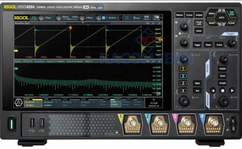 Rigol  DHO4204  200MHz 4 GSa/s  12 Bit  250MPTS 4 channel oscilloscope with 200 MHz Bandwidth, 4 GSa/s sample rate, 12 Bit A/D converter, 250 Mpts memory depth (500 Mpts optional) and a 25.7 cm touchdisplay 1280x800 pixel. Serial decoders for I²C, SPI, RS232/UART and CAN are already included
