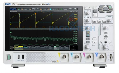 Rigol  DHO1204  200MHz 2 GSa/s  12 Bit  50MPTS 4 channel oscilloscope with 200 MHz Bandwidth, 2 GSa/s sample rate, 12 Bit A/D converter, 50 Mpts memory depth and a 25.7 cm touchdisplay 1280x800 pixel. Serial decoders for I²C, SPI, RS232/UART and CAN are already included
