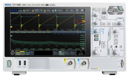 Rigol  DHO1202  200MHz 2 GSa/s  12 Bit  50MPTS 2 channel oscilloscope with 200 MHz Bandwidth, 2 GSa/s sample rate, 12 Bit A/D converter, 50 Mpts memory depth and a 25.7 cm touchdisplay 1280x800 pixel. Serial decoders for I²C, SPI, RS232/UART and CAN are already included
