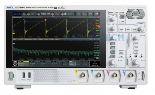 Rigol  DHO1104  100MHz 2 GSa/s  12 Bit  50MPTS  4 channel oscilloscope with 100 MHz Bandwidth, 2 GSa/s sample rate, 12 Bit A/D converter, 50 Mpts memory depth and a 25.7 cm touchdisplay 1280x800 pixel. Serial decoders for I²C, SPI, RS232/UART and CAN are already included
