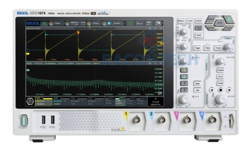 Rigol  DHO1074  70MHz 2 GSa/s  12 Bit  50MPTS  4 channel oscilloscope with 70 MHz Bandwidth, 2 GSa/s sample rate, 12 Bit A/D converter, 50 Mpts memory depth and a 25.7 cm touchdisplay 1280x800 pixel. Serial decoders for I²C, SPI, RS232/UART and CAN are already included
