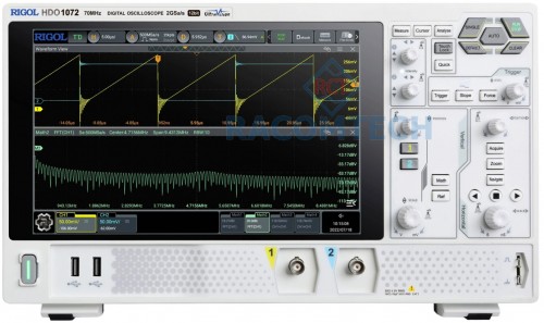 Rigol  DHO1072  70MHz 2 GSa/s  12 Bit  50MPTS  2 channel oscilloscope with 70 MHz Bandwidth, 2 GSa/s sample rate, 12 Bit A/D converter, 50 Mpts memory depth and a 25.7 cm touchdisplay 1280x800 pixel. Serial decoders for I²C, SPI, RS232/UART and CAN are already included

