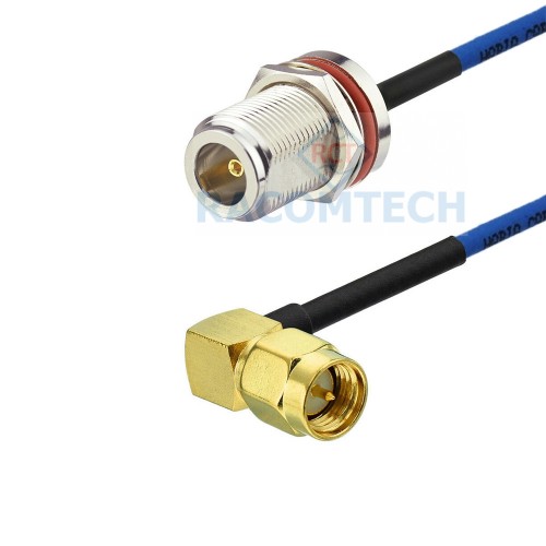 Flexiform 0.086  Cable with N Bulkhead Socket / SMA Plug  Right Angle All of our cables are tested with VSWR and insertion loss before sending to our customers!
Please quote for quanityi price!
Features:

Electrical performance similar to semi rigid coaxial cable 
Silver plated copper steel inner conductor 
High shielding effectiveness 
Suitable for links on PCB or between PCB and internal wiring of antenna and phase shifter
Frequency up to 9.4GHz
Low VSWR: 1.2@2GHz
Low Loss Cable for micrwave band
N type socket with O ring
Detail specification
