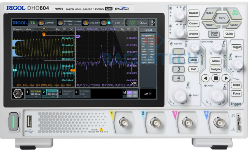 Rigol  DHO804  70MHz, 4CH, 1.25GS/s, 12 BIT Oscilloscope The DHO-800 series is RIGOL's new high-performance 12bit economical digital oscilloscope. Though compact in design, it offers truly superior performance. It features 12bit resolution, a capture rate up to 1,000,000 wfms/s (in UltraAcquire Mode), 25 Mpts memory depth, and low noise.
