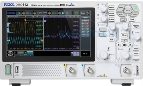 Rigol  DHO812  100MHz, 2CH, 1.25GS/s, 12 BIT Oscilloscope The DHO-800 series is RIGOL's new high-performance 12bit economical digital oscilloscope. Though compact in design, it offers truly superior performance. It features 12bit resolution, a capture rate up to 1,000,000 wfms/s (in UltraAcquire Mode), 25 Mpts memory depth, and low noise.
